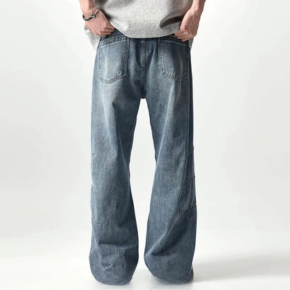 Japanese And Korean Retro Straight Leg Jeans With Loose Fit Men'S Workwear Wide Leg Pants High Street Casual Curved Knife Pants