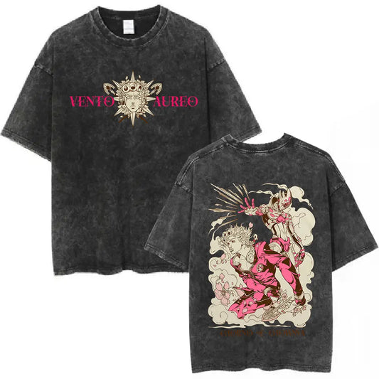 Vintage Washed Anime Jojo Bizarre Adventure T-shirt Giorno Giovanna Manga Graphic T-shirts Men's Clothing Cotton Casual T shirts