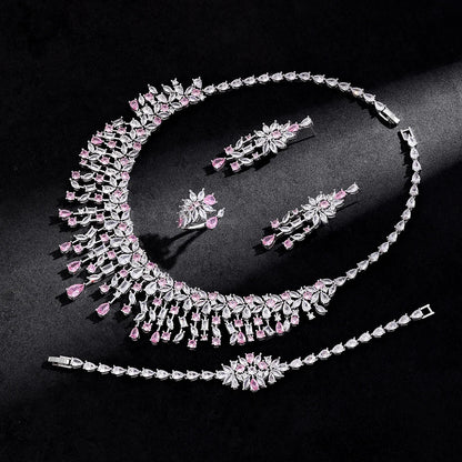 Luxury 4pcs Bridal Wedding Jewelry Set Cubic Zirconia Dubai Tassels Necklace Earrings Sets for Women Party Dress