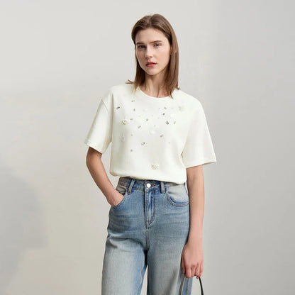 Short Sleeve Tee 2026 Spring New Crew Neck Three-dimensional Bead Flower Bead Diamond Knit T-Shirt Loose Women Top 12641038
