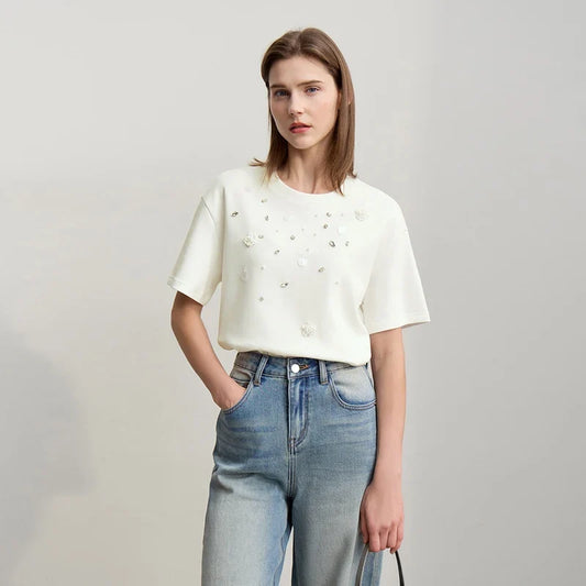 Short Sleeve Tee 2026 Spring New Crew Neck Three-dimensional Bead Flower Bead Diamond Knit T-Shirt Loose Women Top 12641038
