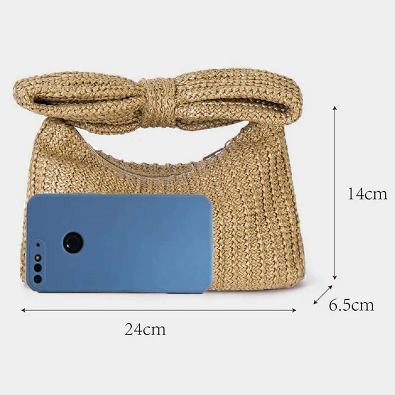 Summer Straw Woven Clutch Bag Women Bow Purse Vacation Beach Tote Party Wedding 2024 New Luxury Design Zipper Evenging Handbags