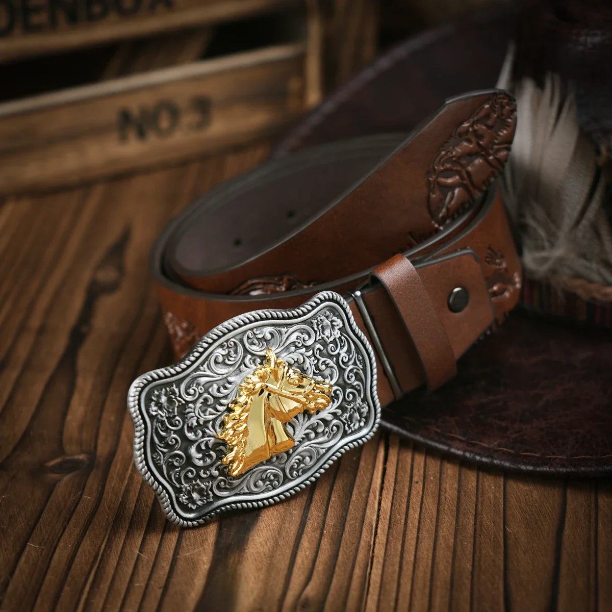 Western Cowboy Leather Buckle Belts Horse Pattern Floral Engraved Buckle Belt for Men