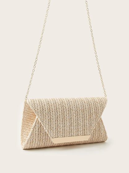 Women's Woven Clutch Bag, Beige, Solid Color, Summer, Holiday, Beach, Vacation Essential, Vacation Season, Versatile Business Commuter Women's Crossbody Bag, Casual, Simple, Beach