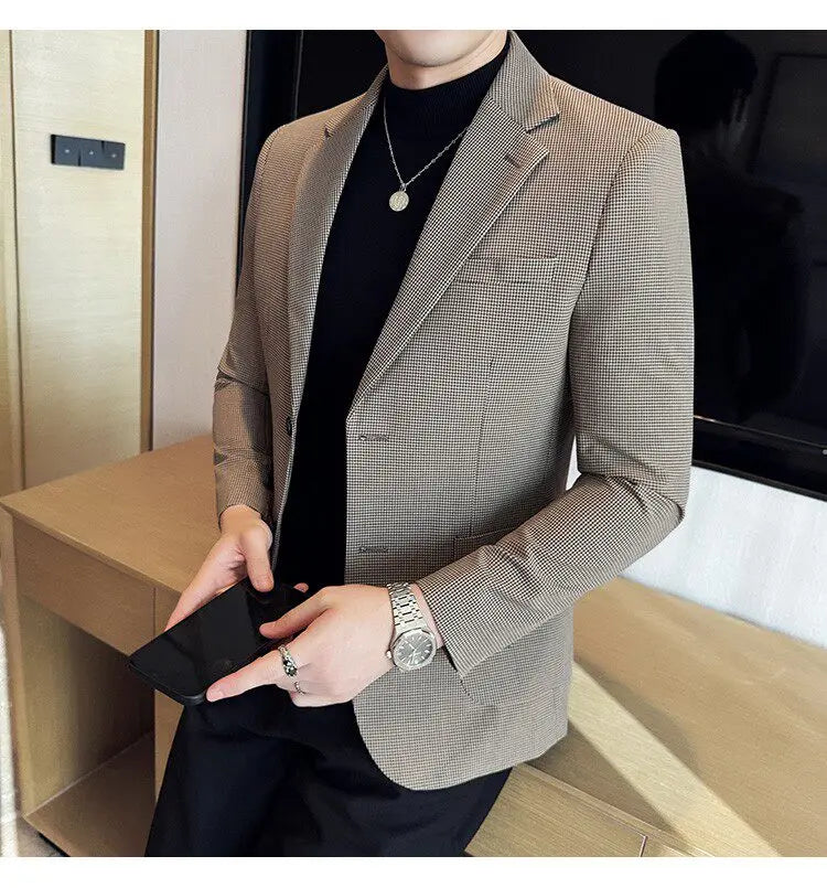 Korean Vintage Elegant Men's Business Slim Fit Suit Jacket 2026 New Fashion Lapel Single Breasted Men Social Party Dress Coats
