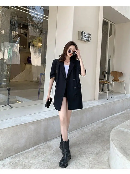 Korean Fashion Loose Thin Blazer Women Spring Autumn New Extra Large Mid Length Short Sleeved Women Coat Casual Outwear