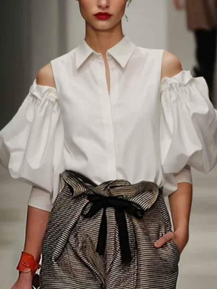 Modigirl New Fashion Women Tuxedo Blouse Shirts 2025 Summer Soild Color Cold Shoulder Office Party Leisure Black Tops for Women