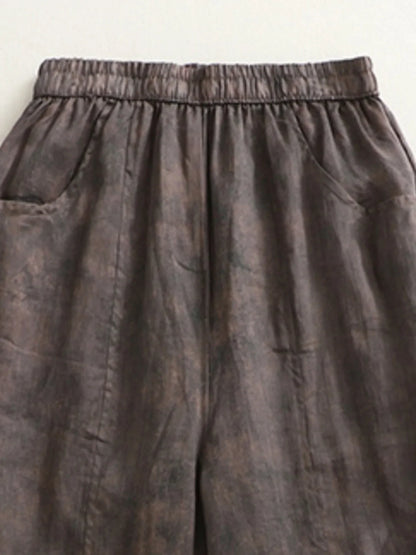 Retro Waterprint Linen Casual Nine-Piece Pants plus Size Women's Loose Elastic Waist Versatile Wide Leg Harlan Pants