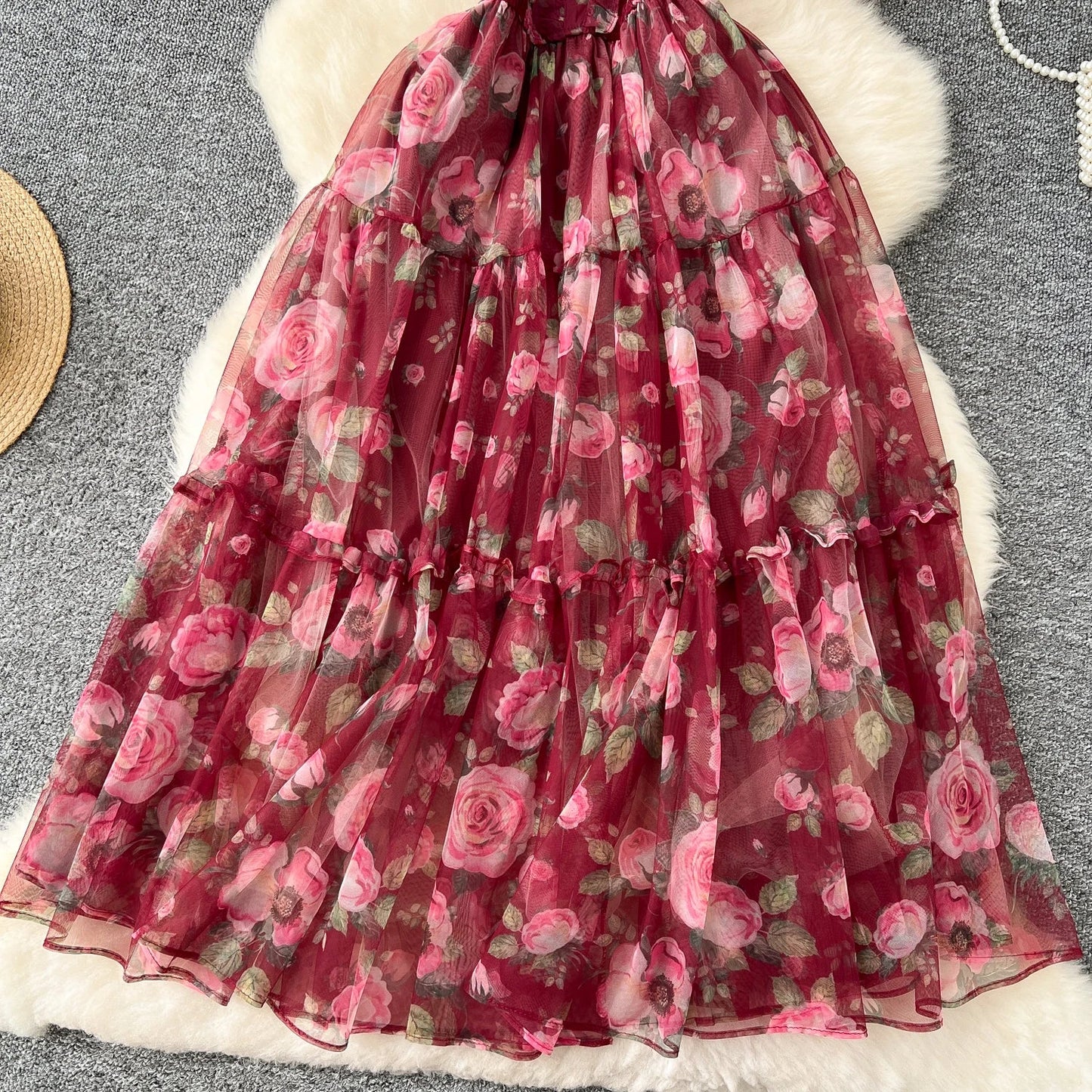 Retro Floral Chiffon Dr Women's Waist Cinched Bubble Sve Me Skirt Tea Break Gentle Soft Sle Korean High Waist A-Lin...