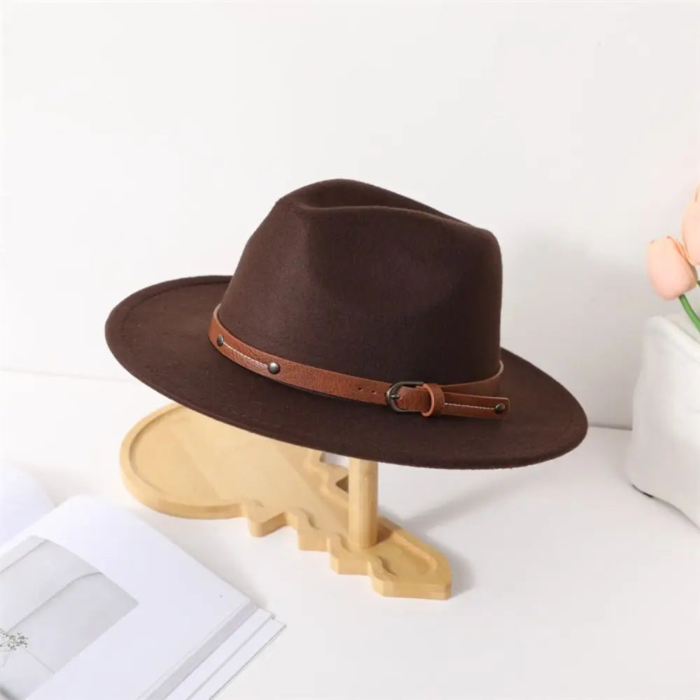 With Belt Buckle Felt Fedora Hats Fashion Vintage Wide Brim Panama Cap Soft Elegant Cowboy Cap Men Women