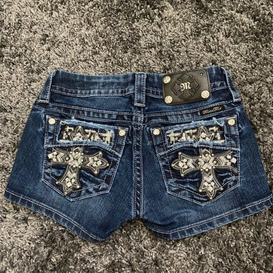 Mini Shorts Womens Harajuku Vintage Cross Graphic Pockets Embroidery Low Waist Shorts Gothic Sexy Hot Girl Hip Denim Shorts 2026