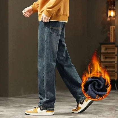 Thick Vintage Jeans Men's Winter Straight Warm Fleece Baggy Thermal Denim Trousers Fashion Korean Wide Male Plush Pants