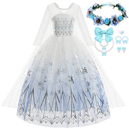 Halloween White Frozen Costumes for Girl Cosplay Elsa Princess Dress Long White Dress Halloween Carnival Dress Fire Spirit Olaf