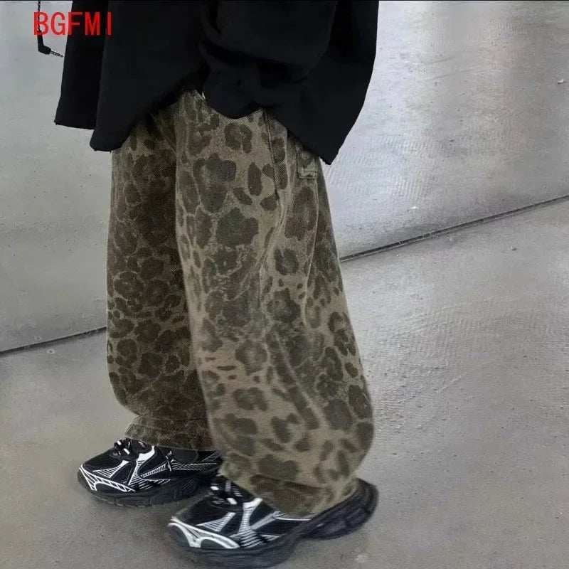 Boys Spring Autumn New Korean Children's Black Letter Sweatshirt + Leopard Vintage Denim Loose Pants Girl Kid Fashion 2pcs Set