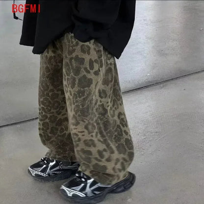 Boys Spring Autumn New Korean Children's Black Letter Sweatshirt + Leopard Vintage Denim Loose Pants Girl Kid Fashion 2pcs Set