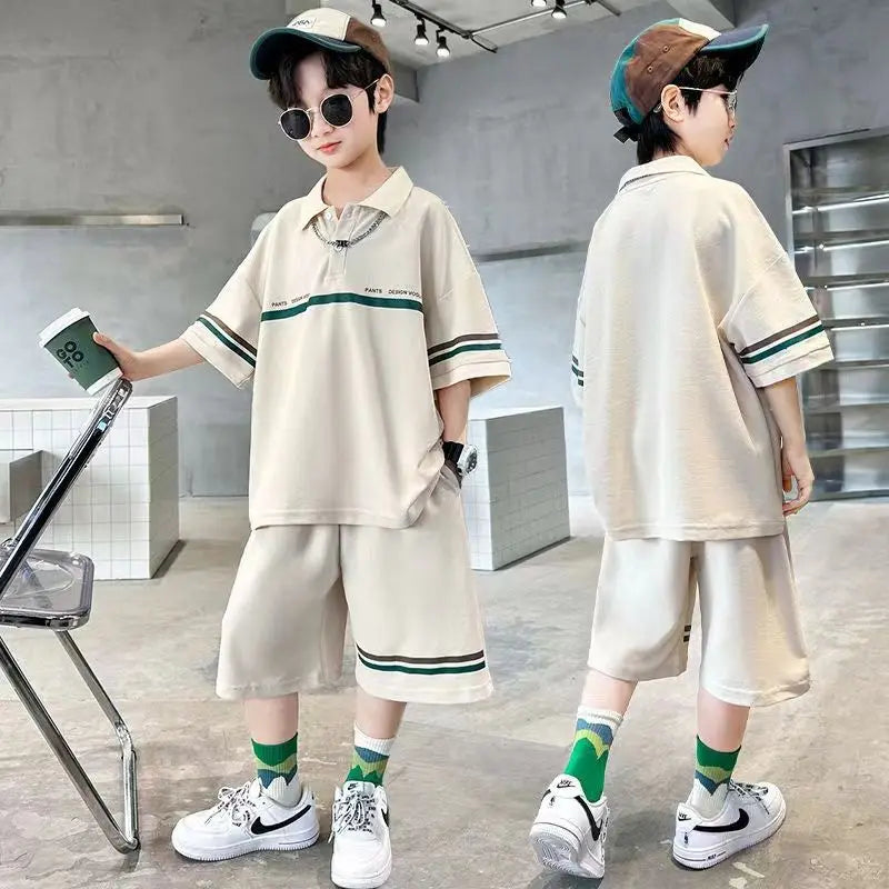 Summer Boys Cotton Loose Alphabet Stripes T-Shirt Tops+Shorts Pant Sets School Kids 2PCS Tracksuit Children Outfits 3-16 Years