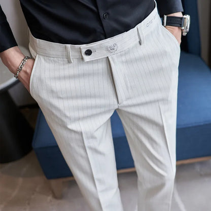 New Korean Style Fashion Striped Embroidery Suit Pants Men's Business Slim Casual Straight Pants Formal Wedding Party Trousers