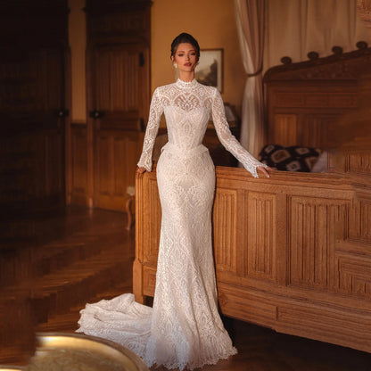Boho Lace Wedding Dresses Women 2026 High Collar Long Sleeves Mermaid Open Back White Sweep Train vestido de noiva Customized