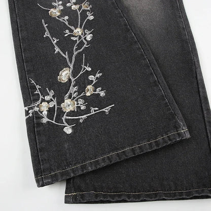 Weekeep Floral Embroidery Jeans Vintage 2000s Low Rise Flared Jeans Women Retro y2k Baggy Denim Pants High Street Basic Trousers