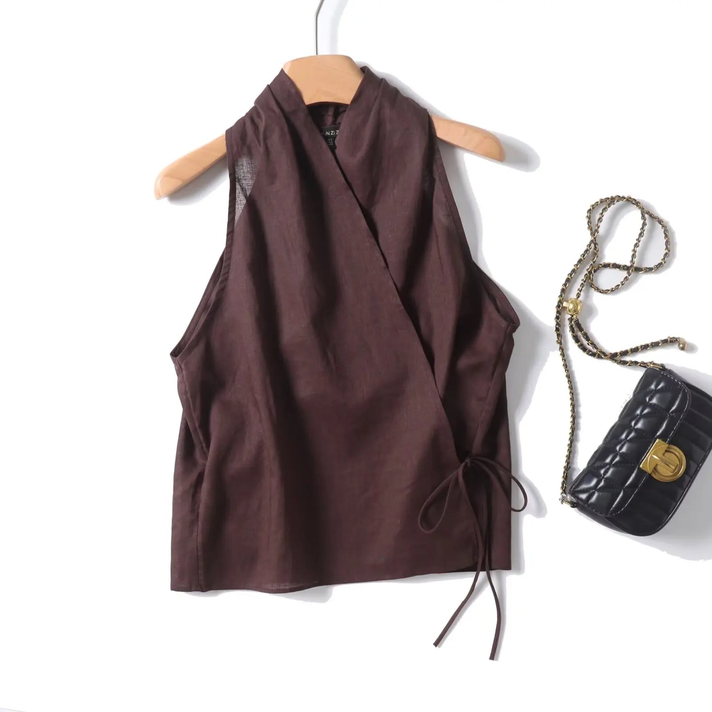 Summer Cross V Neck Women Sleeveless Tank Top Versatile Fashion Ladies Casual Coffee Crop Top
