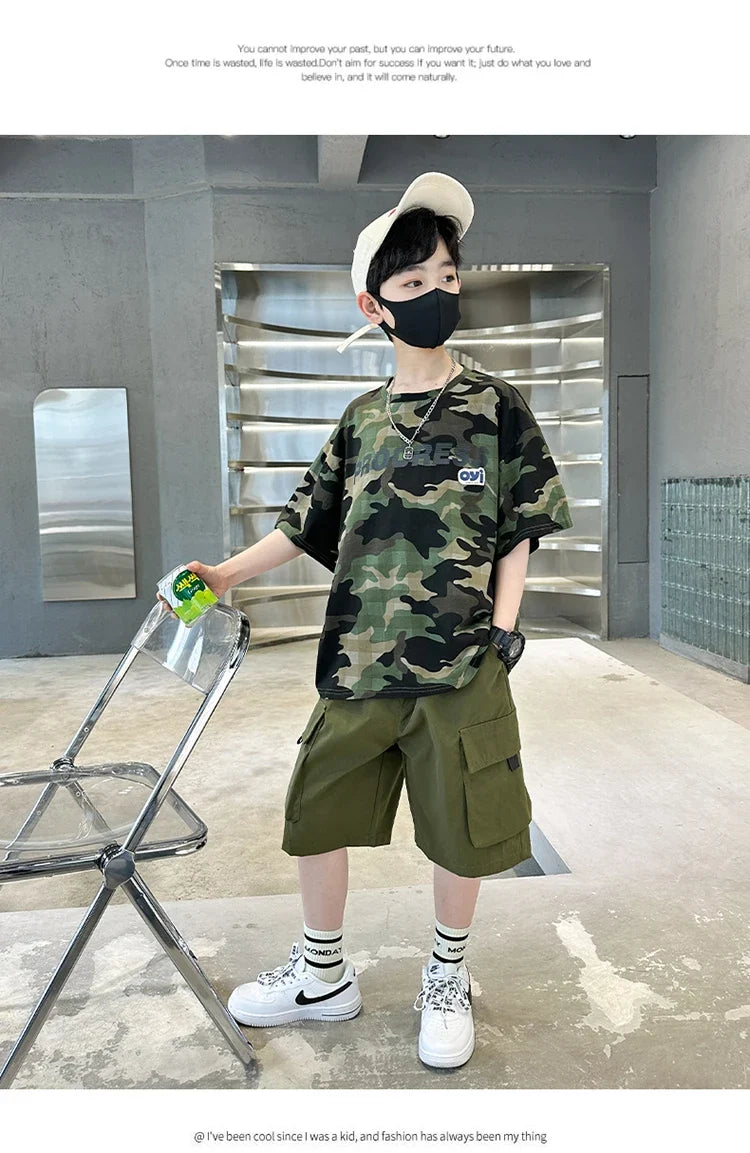 Kids Summer Set Causal Camouflage Sportswear Two Piece Clothing Set for Teenage Boy Short Sleeve T-shirt Shorts Tracksuit Outfit