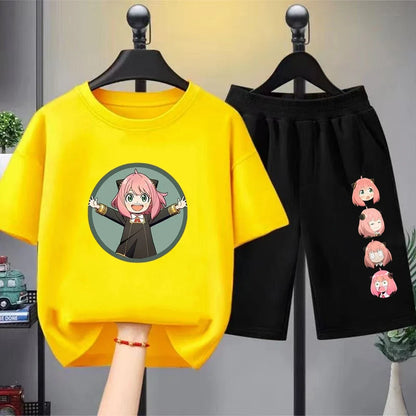 Anime Spy X Family Children T-Shirt+Bottom Wear Age 3-12 Girls Pink Set Black 2pcs Kids Set Print Summer Cool T-Shirt