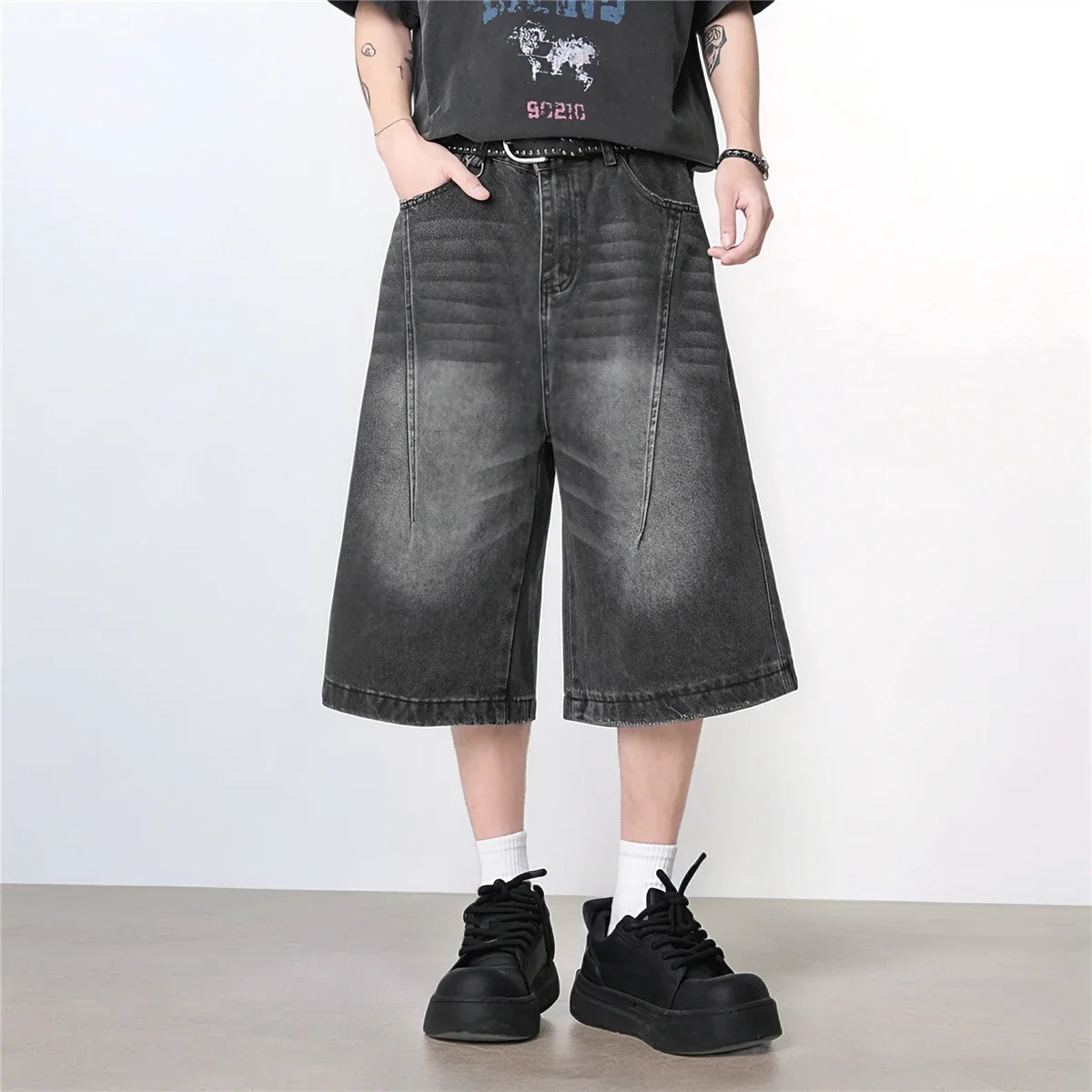 Vintage Washed Gradient Denim Mid-Rise Shorts with Streetwear Loose Wide Leg Fit for Summer Breathability