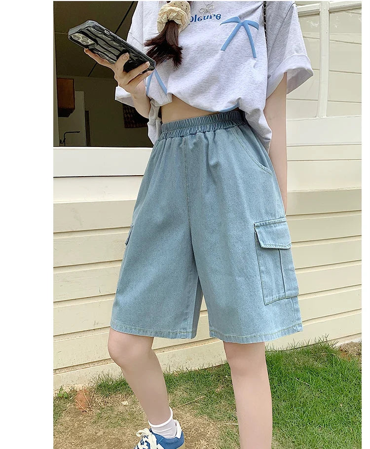 2026 Summer New Women's Denim Shorts Straight Trendy Loose Versatile Dad Shorts Thin Japanese Style Knee-length Pants
