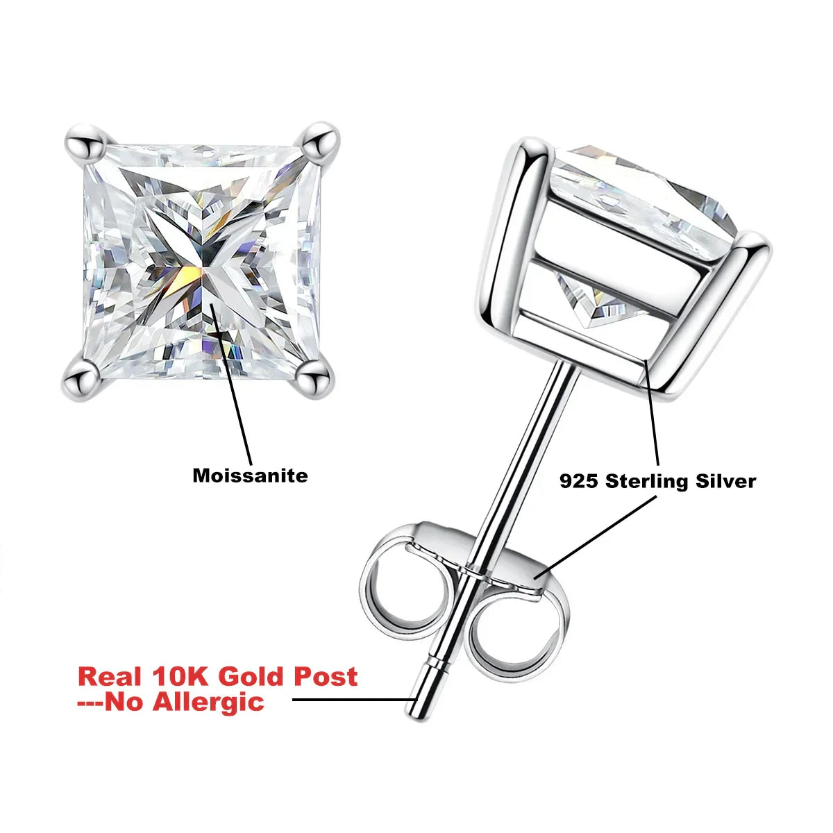 10k Gold Post 4/2/1.2ct Princess Moissanite Women Earrings 10K Gold Post Anti-allergy Stud Earrings For Men Jewelry
