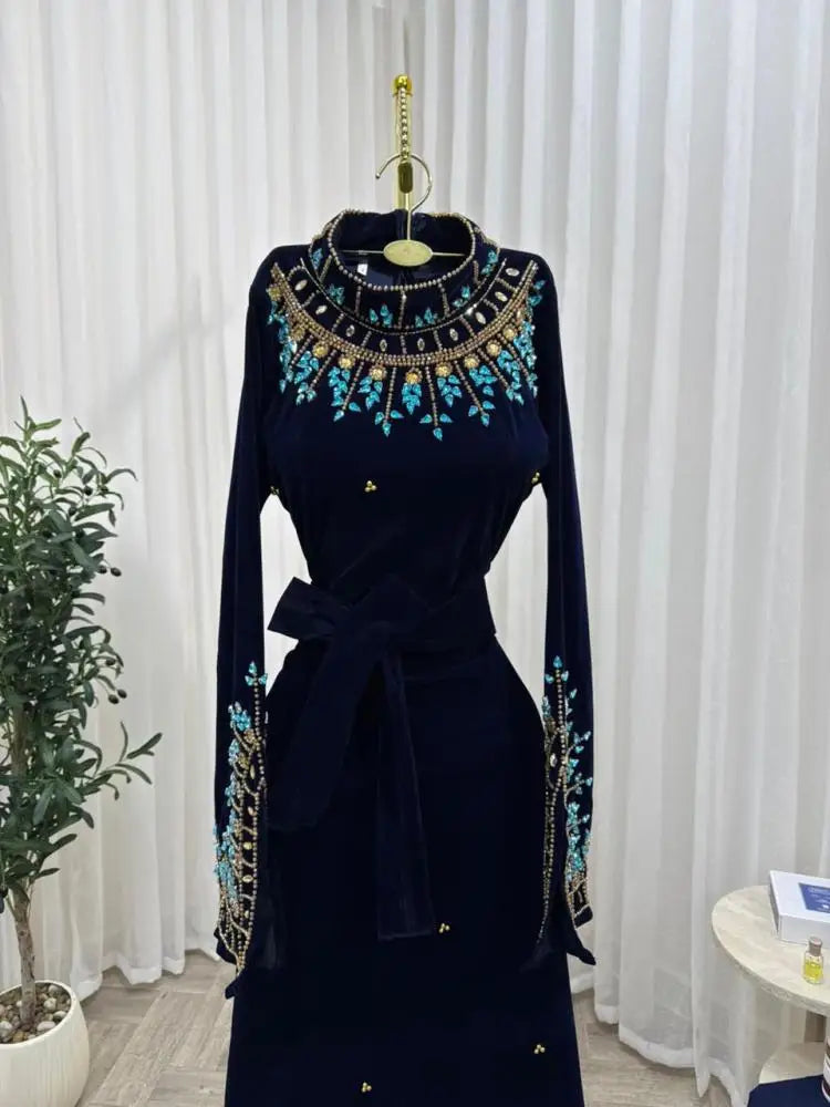 Saudi Arabia Luxury Black Velvet High-Neck Evening Dresses Turquoise Floral Prom Dresses Beaded Self-Tie Waist Wedding Dresses