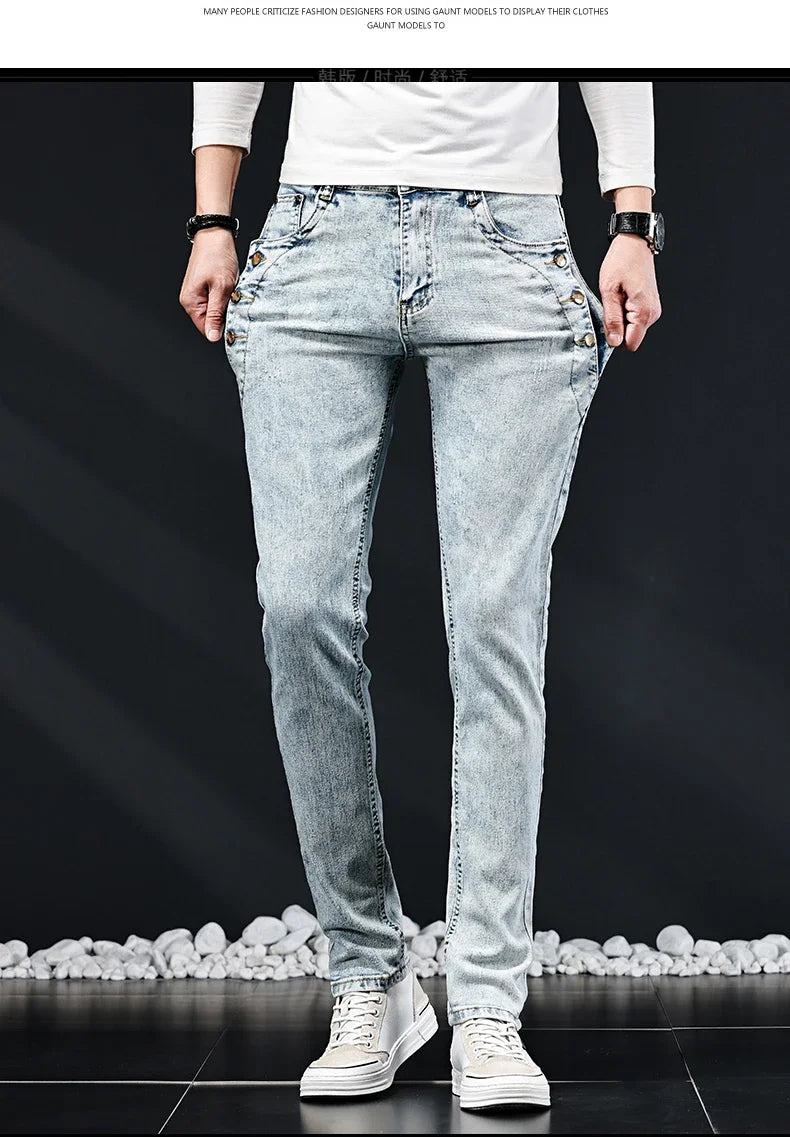 Slim Skinny Jeans Men New Elastic Korean Design Fashion Multi-Button Blue White Vintage Wash Cotton Stretch Denim Pants Trousers