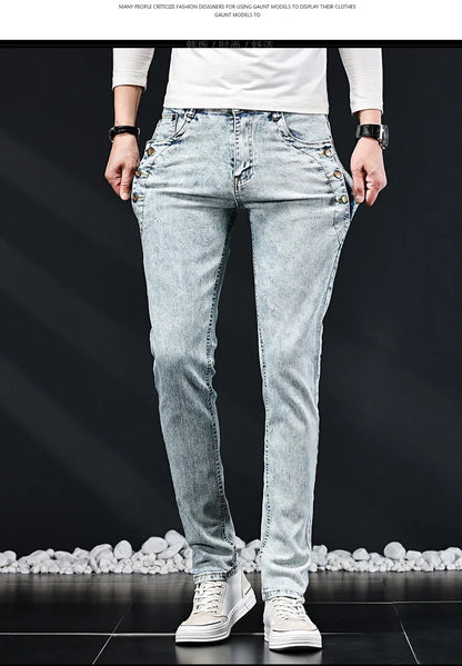 Slim Skinny Jeans Men New Elastic Korean Design Fashion Multi-Button Blue White Vintage Wash Cotton Stretch Denim Pants Trousers