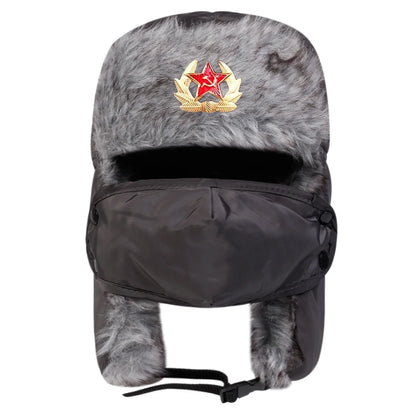 Unisex Five Pointed Star Badge Lei Feng Hat Winter Earflap Hat Keep Warm Ski Hat Bomber Hat for Outdoor Riding Snow Activities