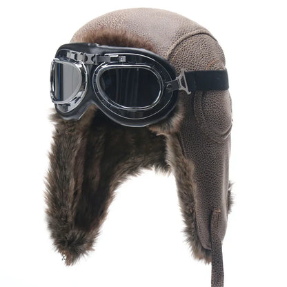 Winter Men Bomber Hat With Goggles Outdoor Motorcycle Windproof Warm Faux Fur Pilot Earflap Hat Leather Thermal Ushanka