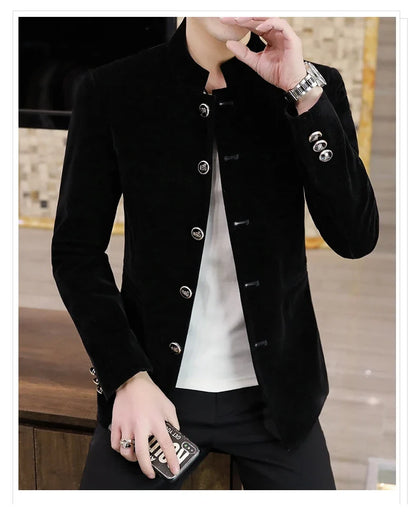 Men's Light Luxury Golden Velvet Coat Youth Fashion Trend Solid Color Stand Collar MAO Suit Handsome Boutique Item