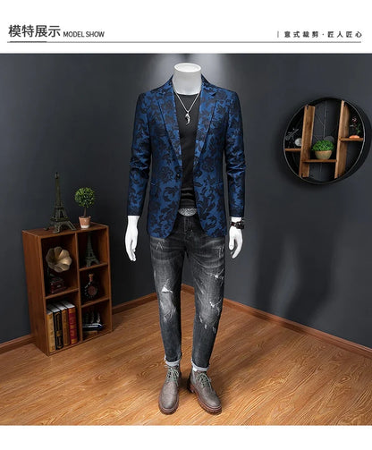 British Style Luxury Jacquard Blazers Men Clothing 2022 Business Slim Fit Casual Suit Coat Men Groom Wedding Suit Printed Blazer