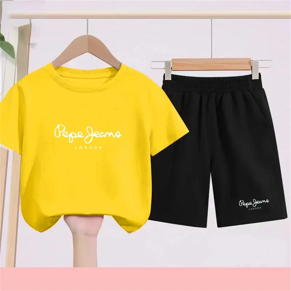 Summer T-shirt Children Short Sleeve Age 3-12 Girls Boy Set White Tshirt+Shorts 2pcs Youngster Cool Refreshing Kids Print Set