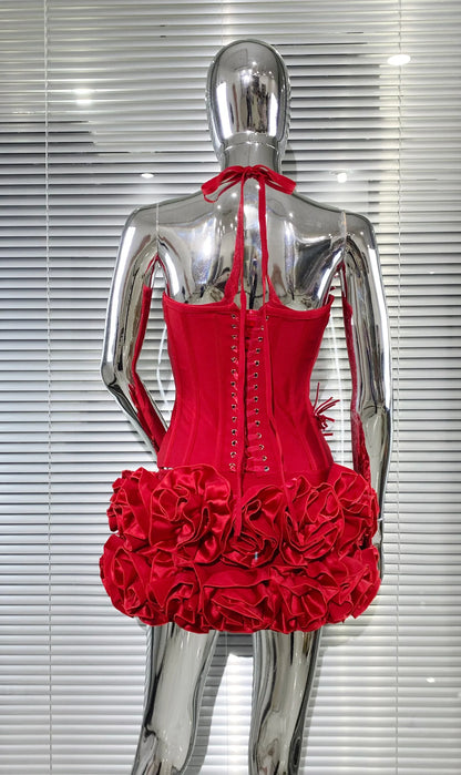 Black Red Color Women Sexy Strapless Laced-up Tops Florlas Bodycon Mini Skirt Set Celebrate Birthday Party Cocktail Dress