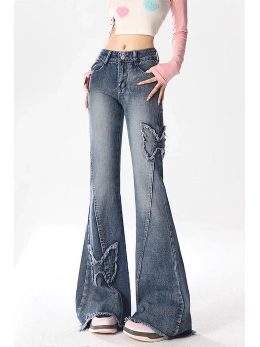 Summer New Vintage  Splicing Micro Flared Denim Jeans Women plus Size High Waist Loose Slimming Frayed Pants
