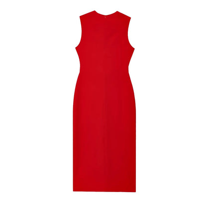 Female Summer Elegant Midi Dress O-Neck Hem Slit With Belt Sleeveless Single Breasted Back Zipper Fashion Long Dress