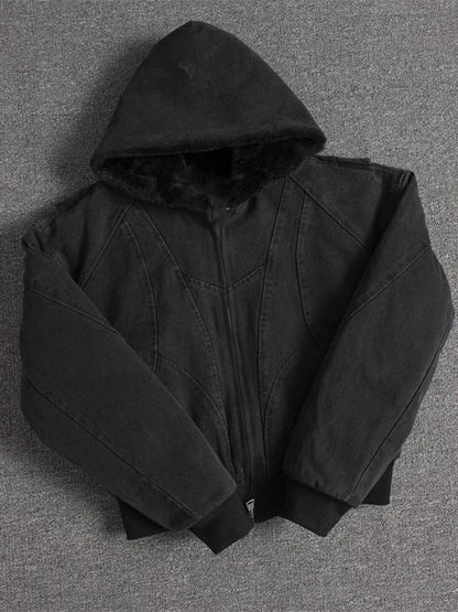 Autumn Winter Short Thickened Warm Oversized Canvas Washed Padded Jacket with Faux Fur Inside Loose Casual Hoodie