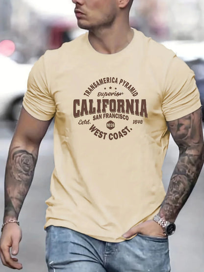 Men's 100% cotton casual sports loose fit California West Coast print round neck short sleeved T-shirt top