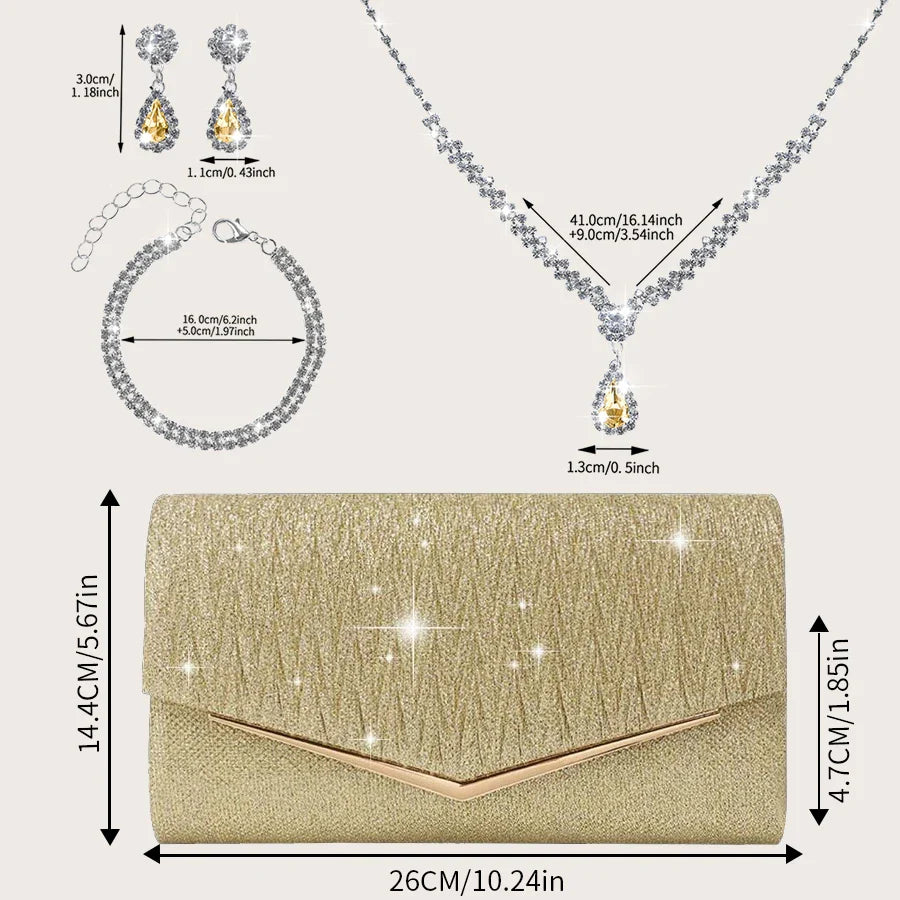 Elegant and Lightweight Pleated Metal Strip Flap Party Women's Clutch, Exquisite and Charming Women's Business Bag, Shiny Metal Strip Flap Women's Evening Bag and Fashionable Small Square Bag, Complete with a Gorgeous Rhinest