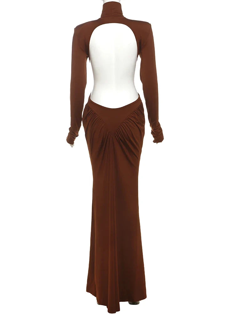 Shirring Sheath Maxi Dresses High Street Classic Full Sleeve Straight Shoulder Backless Vestidos Mujer Evening Wear