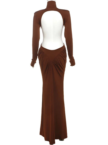 Shirring Sheath Maxi Dresses High Street Classic Full Sleeve Straight Shoulder Backless Vestidos Mujer Evening Wear