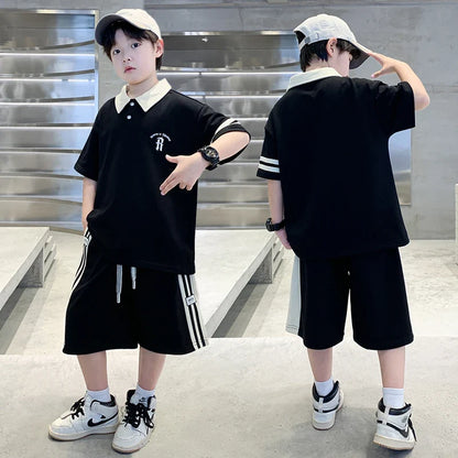 Boys Set Summer Children Clothing Korean Style Costumes Cotton Polo Shirt Shorts 2pcs Kids Casual Outfits Tracksuit Age 5-14 Y