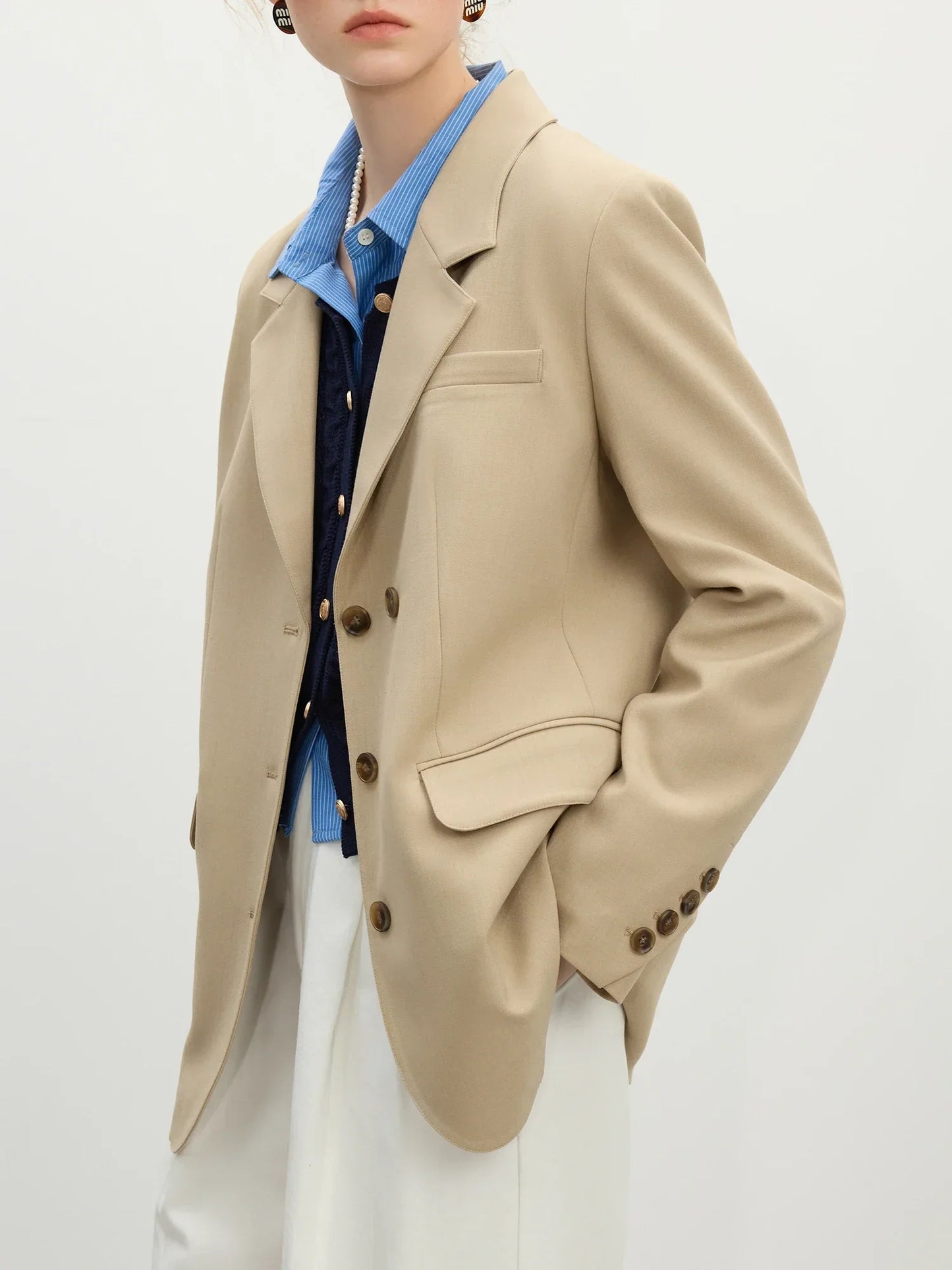Women Khaki Blazer 2025 Spring New Office Lady Black Simple Loose Front Shoulder Blazer Coats Button Design Coat 25FS11071