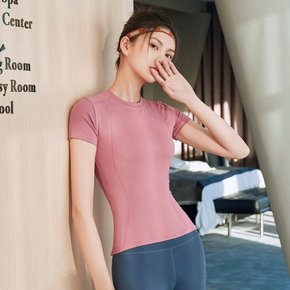 Women's Sports Fitness Clothing Slim Running Sweat Absorbing Skinny Yoga Clothes Quick Drying Clothes Short Sleeved T-shirt
