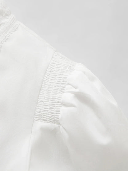 French Retro Puff Short Sleeve Round Neck Blouse for Women Summer Elegant Ins Chic Cropped Tops Cotton White