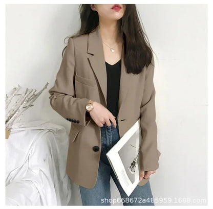 Elegant Casual Loose Long Sleeve Women's Small Suit Jacket Korean Style Spring Autumn Chic Polyester Fiber Button Decoration